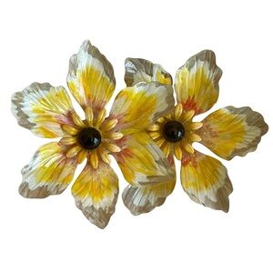 Vintage Rare Hand Painted Metal Double Flower Brooch Pin